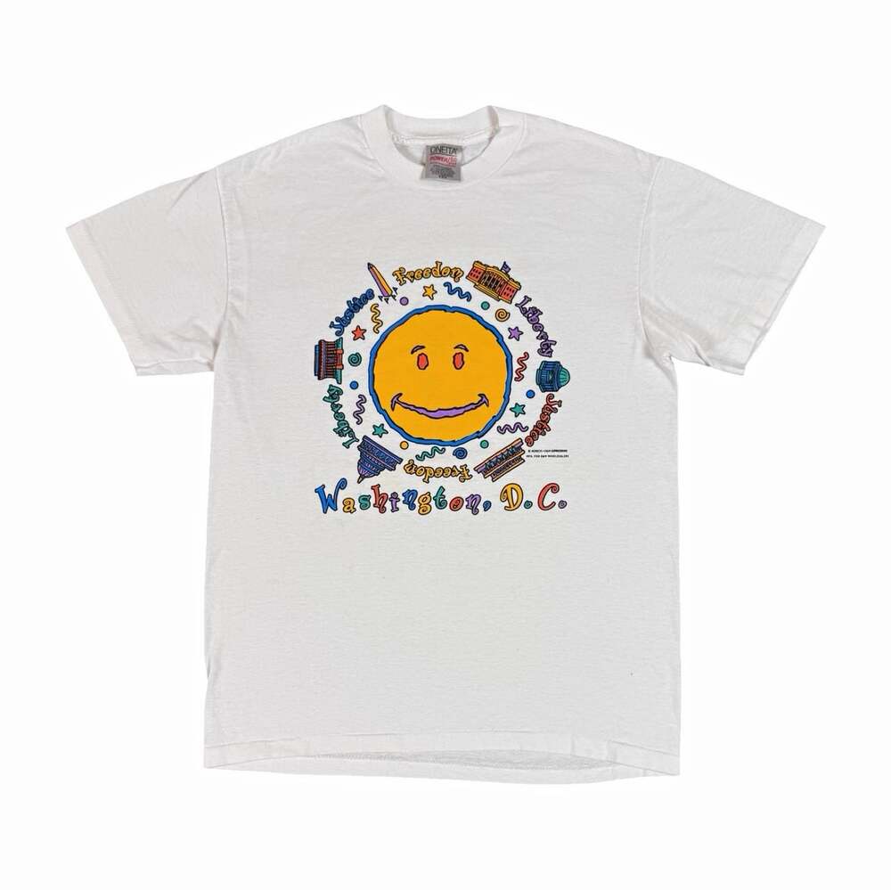 Vintage Single Stitch Washington D.C. Faded Smiley Graphic White T-Shirt Size M